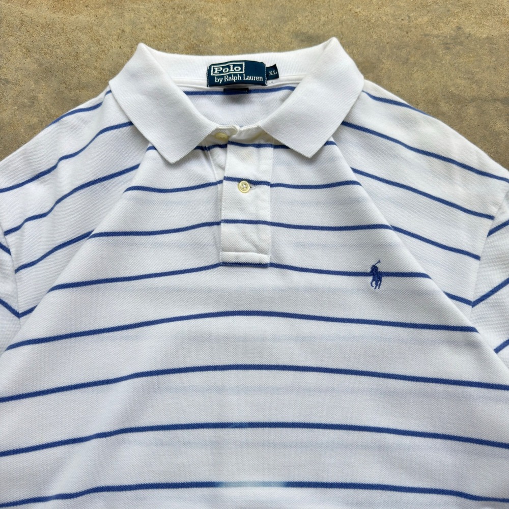 Vintage 90s Polo Ralph Lauren Sailor Striped Polo Shirt White Blue XL (i3)